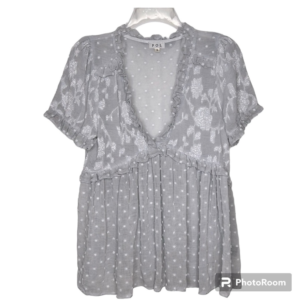 Pol Sheer Polka Dot Top with Ruffles in Gray Size S